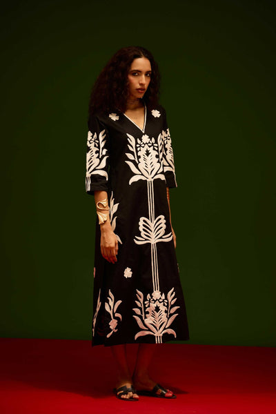 Black Cotton Maxi Dress With Ivory Tulip Thread Embroidery