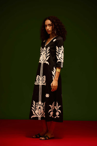 Black Cotton Maxi Dress With Ivory Tulip Thread Embroidery