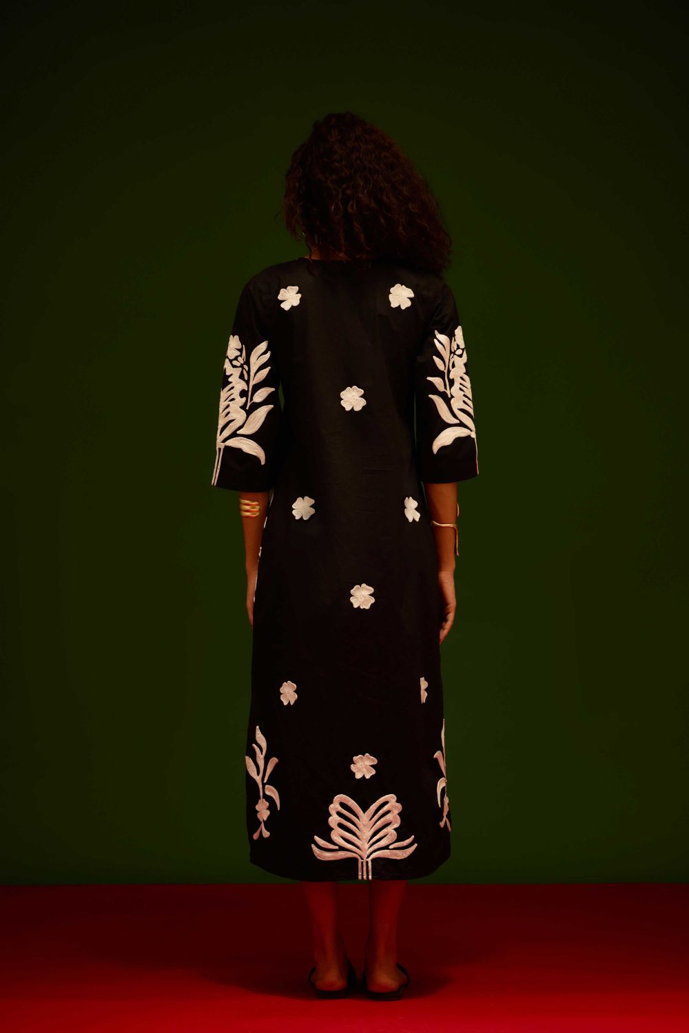 Black Cotton Maxi Dress With Ivory Tulip Thread Embroidery