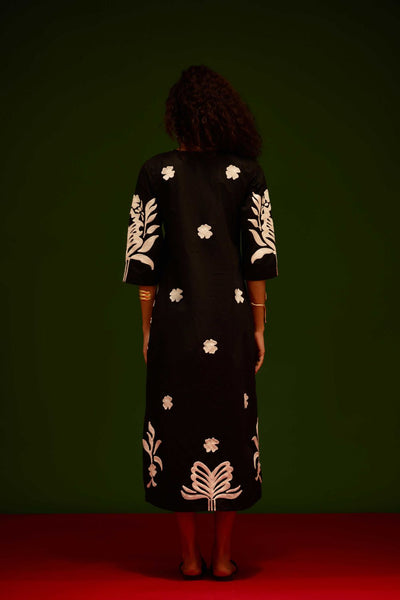 Black Cotton Maxi Dress With Ivory Tulip Thread Embroidery