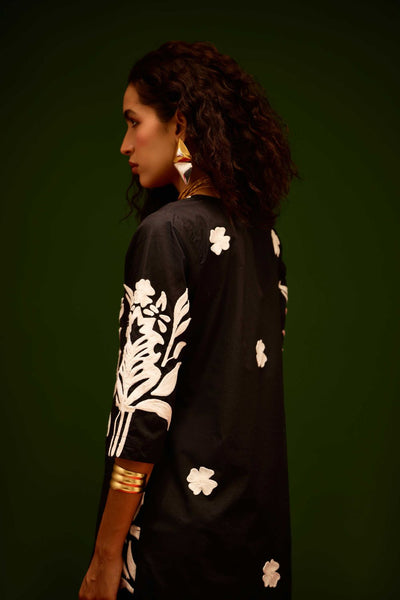 Black Cotton Maxi Dress With Ivory Tulip Thread Embroidery