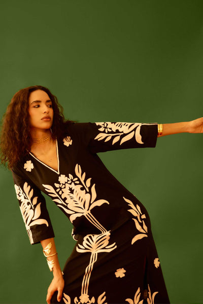 Black Cotton Maxi Dress With Ivory Tulip Thread Embroidery