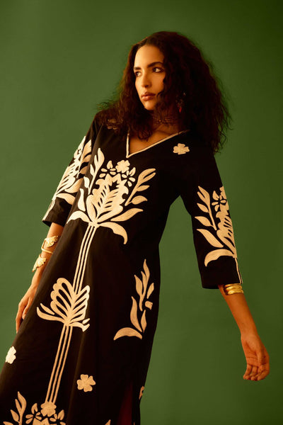 Black Cotton Maxi Dress With Ivory Tulip Thread Embroidery