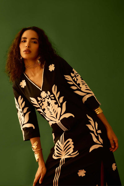 Black Cotton Maxi Dress With Ivory Tulip Thread Embroidery