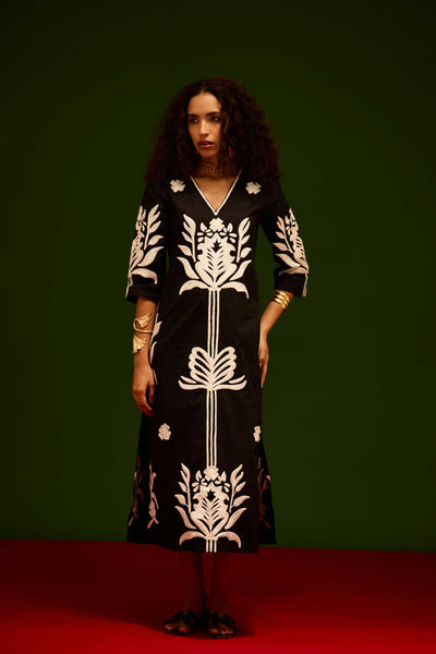 Black Cotton Maxi Dress With Ivory Tulip Thread Embroidery