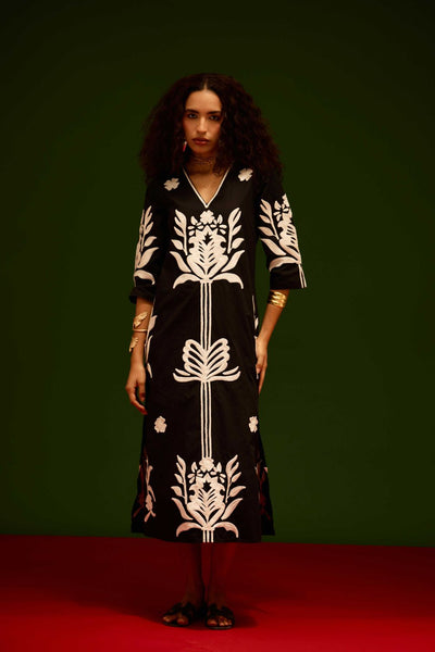 Black Cotton Maxi Dress With Ivory Tulip Thread Embroidery