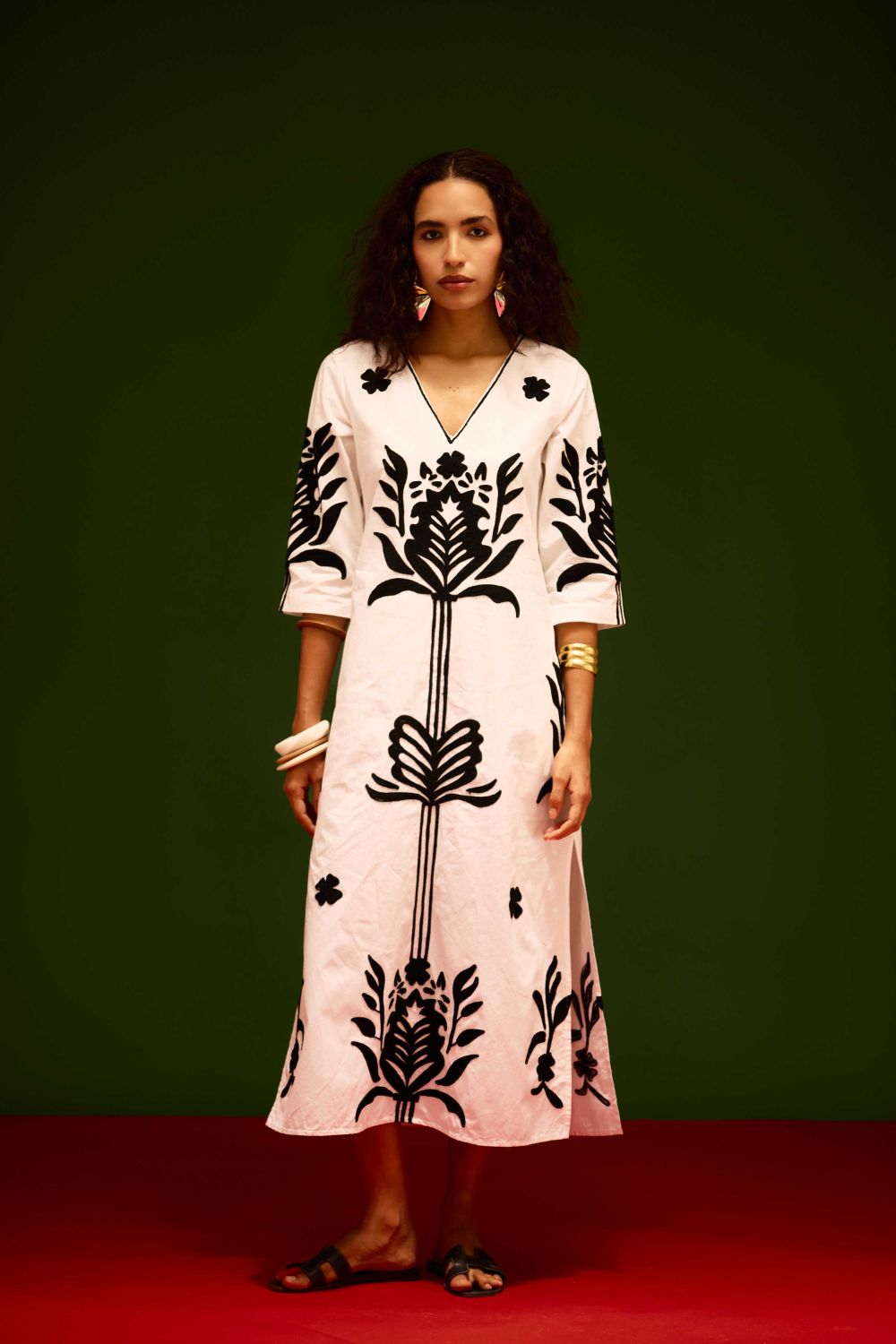 Ivory Cotton Maxi Dress With Black Tulip Thread Embroidery