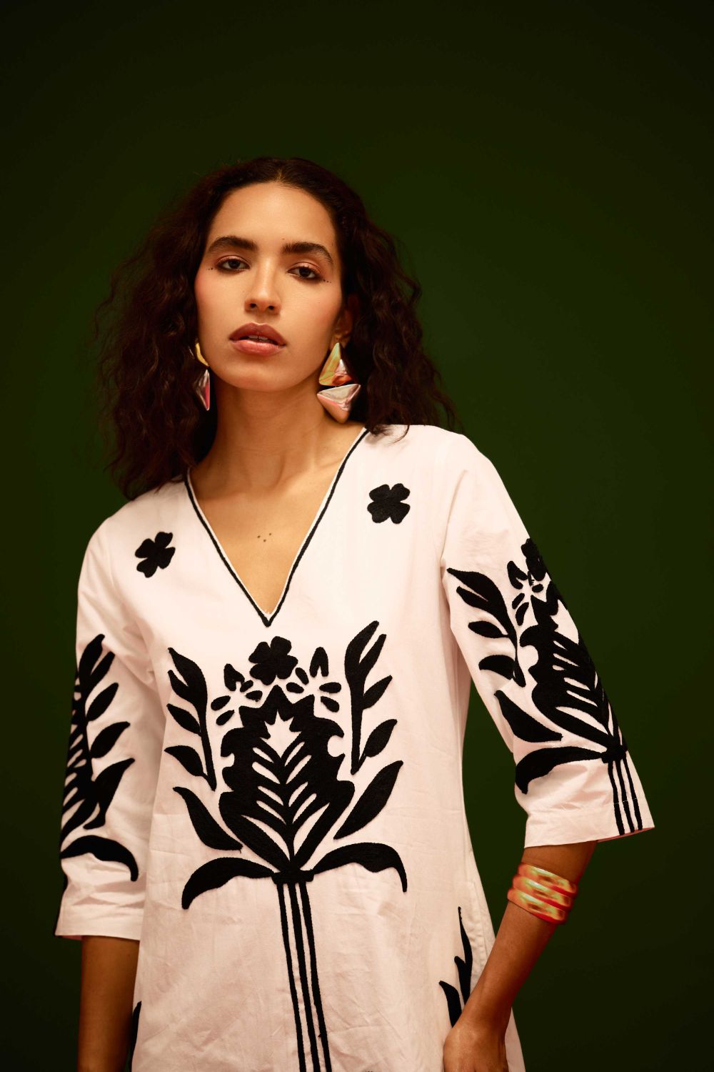 Ivory Cotton Maxi Dress With Black Tulip Thread Embroidery