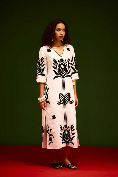 Ivory Cotton Maxi Dress With Black Tulip Thread Embroidery