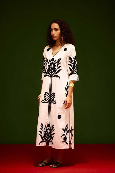 Ivory Cotton Maxi Dress With Black Tulip Thread Embroidery