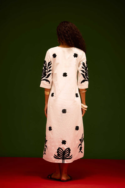 Ivory Cotton Maxi Dress With Black Tulip Thread Embroidery