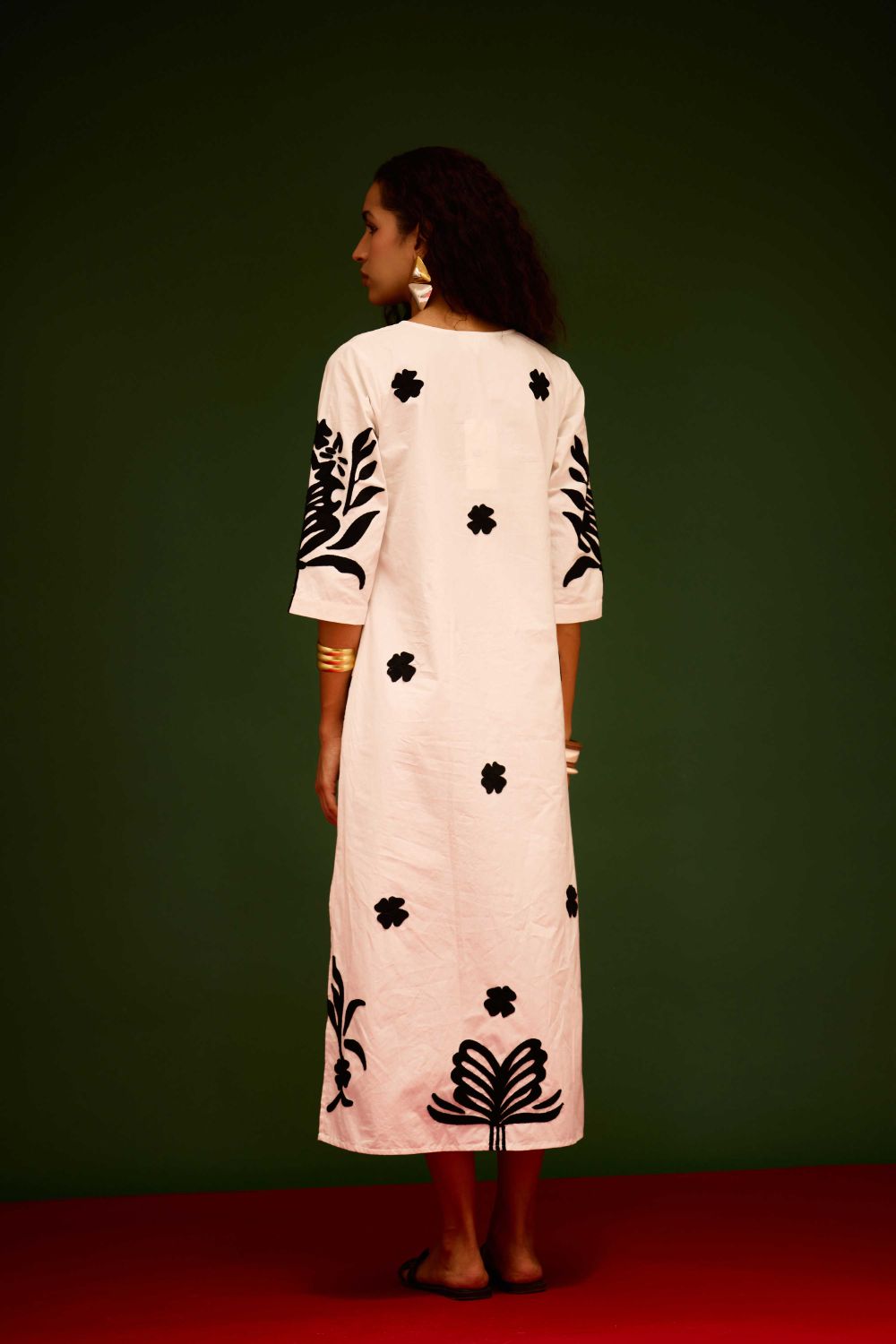Ivory Cotton Maxi Dress With Black Tulip Thread Embroidery