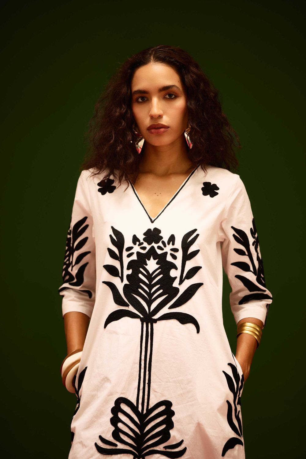 Ivory Cotton Maxi Dress With Black Tulip Thread Embroidery