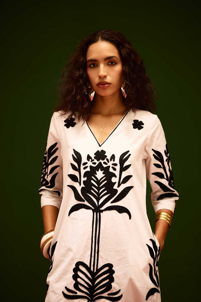 Ivory Cotton Maxi Dress With Black Tulip Thread Embroidery