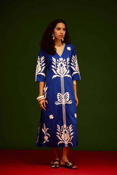 Blue Cotton Maxi Dress With Ivory Tulip Thread Embroidery