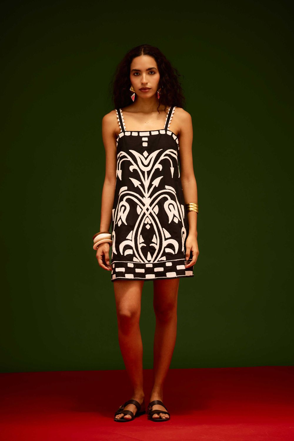 Black Strappy Cotton Shift Dress With Ivory Garden Thread Embroidery