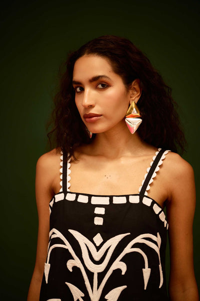 Black Strappy Cotton Shift Dress With Ivory Garden Thread Embroidery