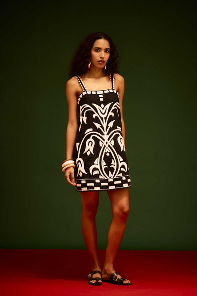Black Strappy Cotton Shift Dress With Ivory Garden Thread Embroidery