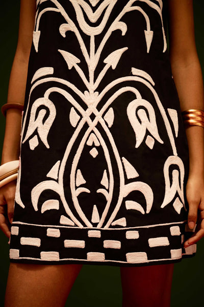 Black Strappy Cotton Shift Dress With Ivory Garden Thread Embroidery