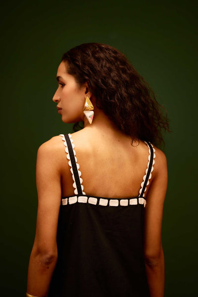 Black Strappy Cotton Shift Dress With Ivory Garden Thread Embroidery