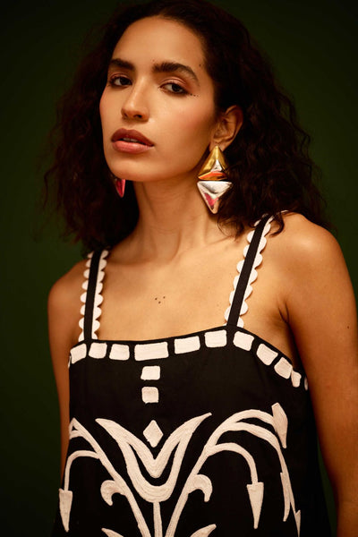 Black Strappy Cotton Shift Dress With Ivory Garden Thread Embroidery
