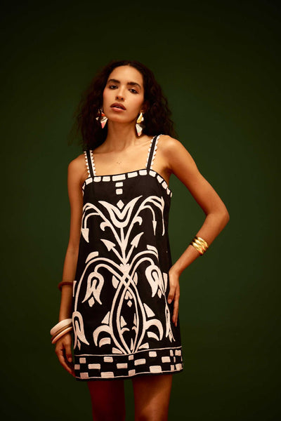 Black Strappy Cotton Shift Dress With Ivory Garden Thread Embroidery