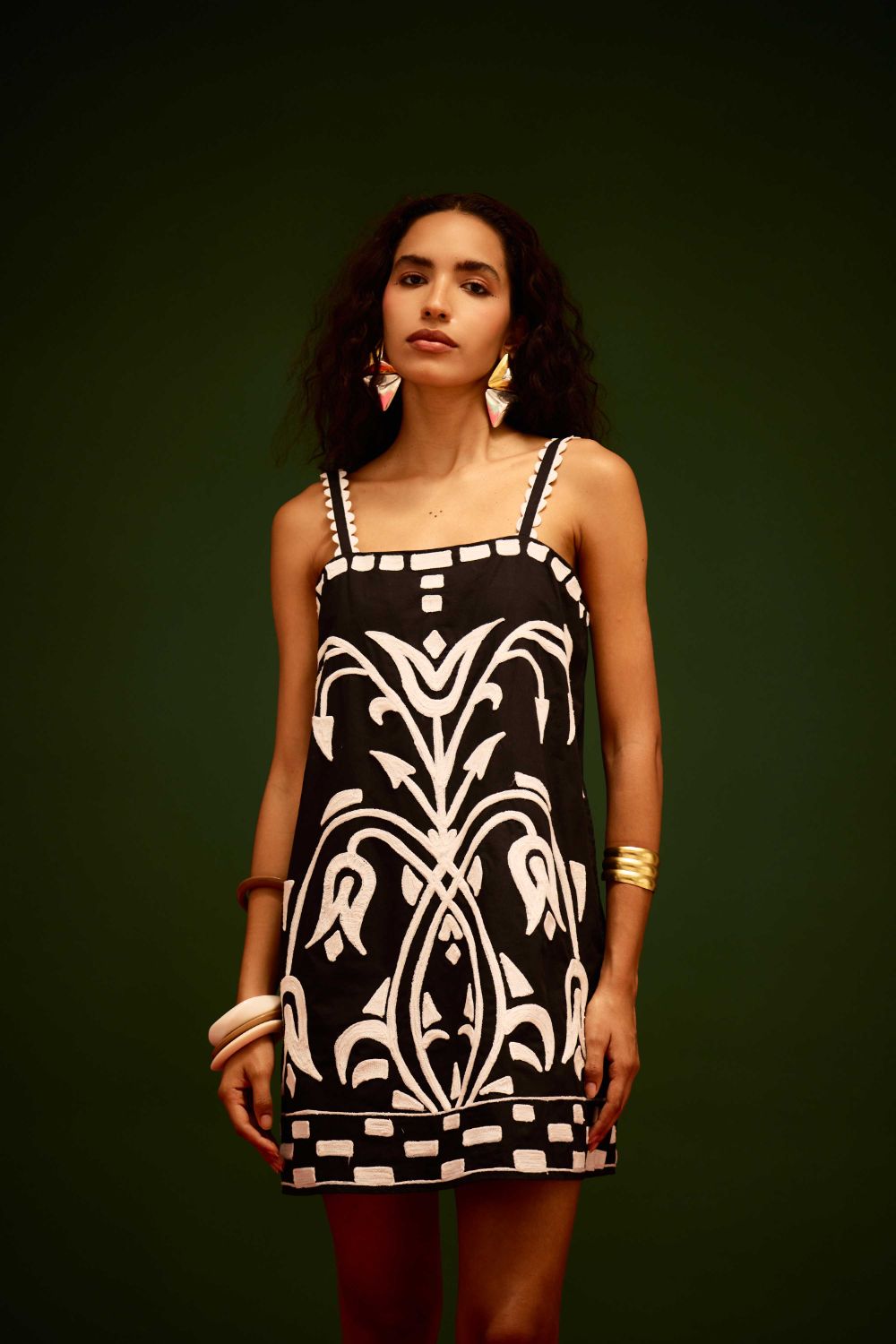 Black Strappy Cotton Shift Dress With Ivory Garden Thread Embroidery