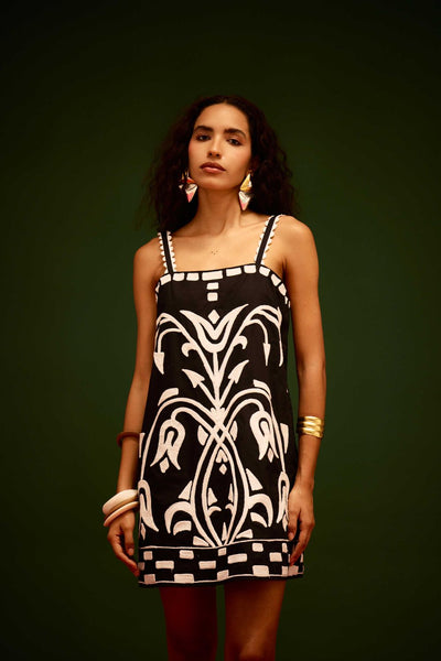 Black Strappy Cotton Shift Dress With Ivory Garden Thread Embroidery