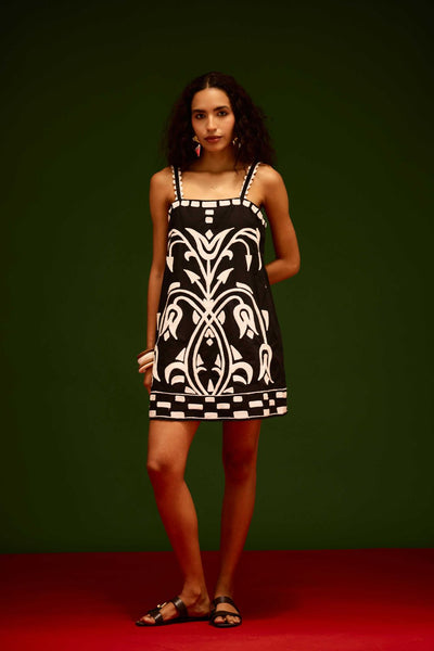 Black Strappy Cotton Shift Dress With Ivory Garden Thread Embroidery