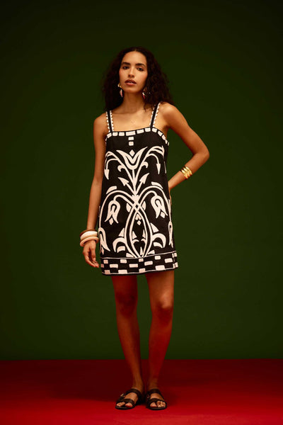 Black Strappy Cotton Shift Dress With Ivory Garden Thread Embroidery