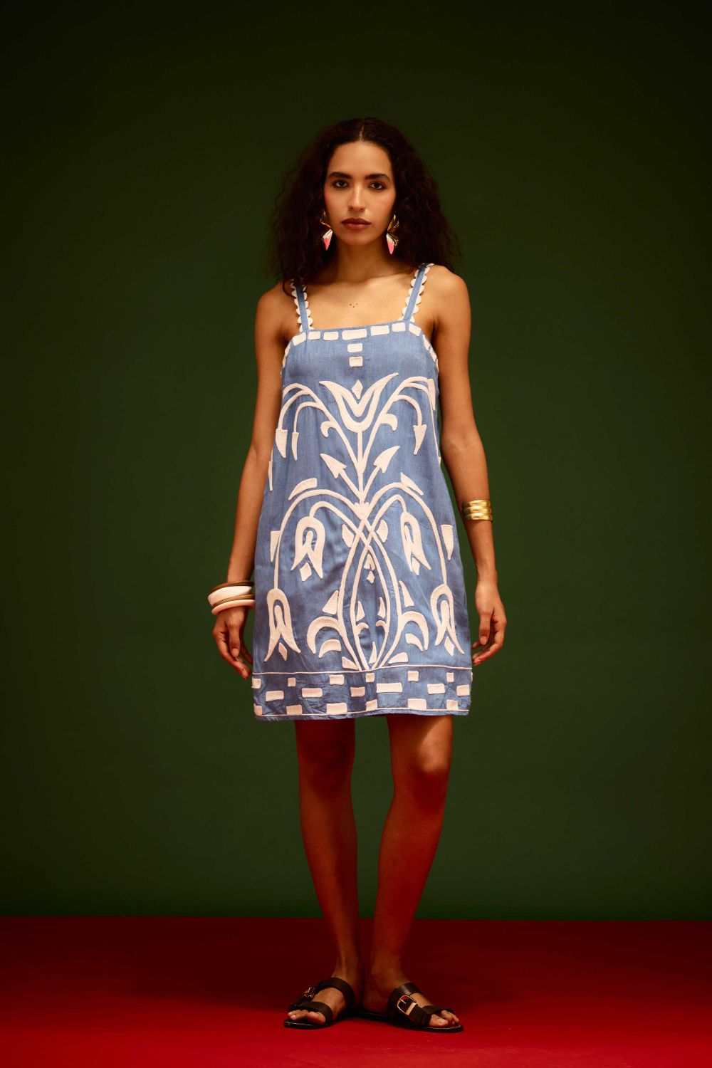 Denim Blue Strappy Cotton Shift Dress With Ivory Garden Thread Embroidery