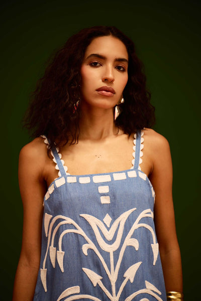 Denim Blue Strappy Cotton Shift Dress With Ivory Garden Thread Embroidery