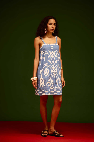 Denim Blue Strappy Cotton Shift Dress With Ivory Garden Thread Embroidery