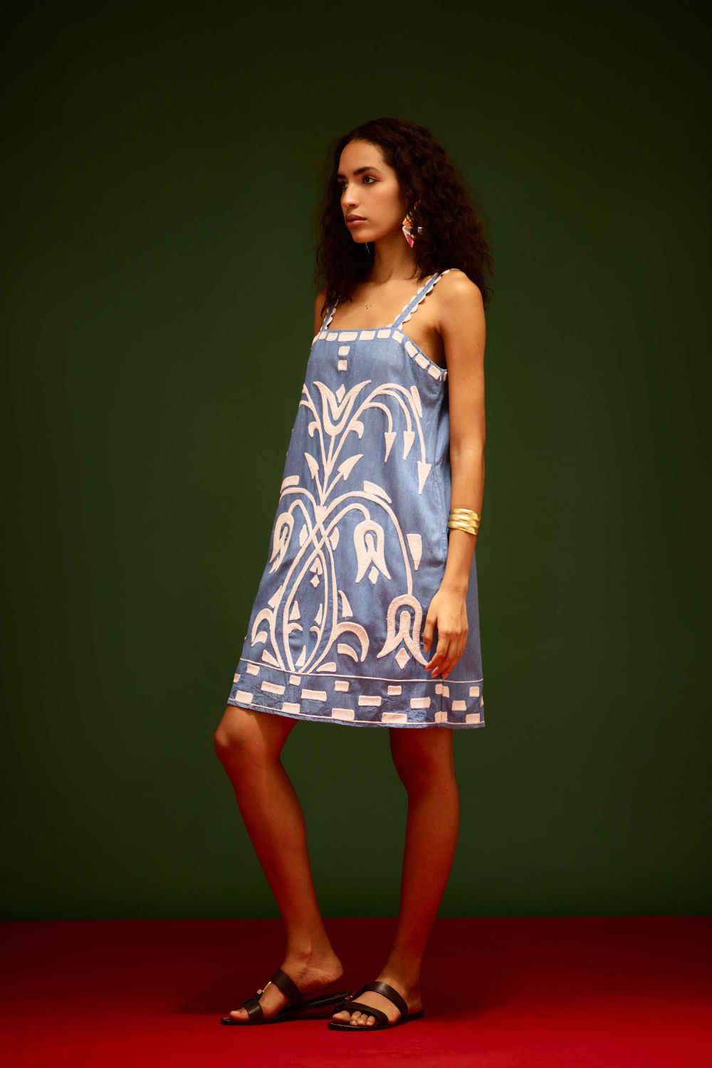 Denim Blue Strappy Cotton Shift Dress With Ivory Garden Thread Embroidery