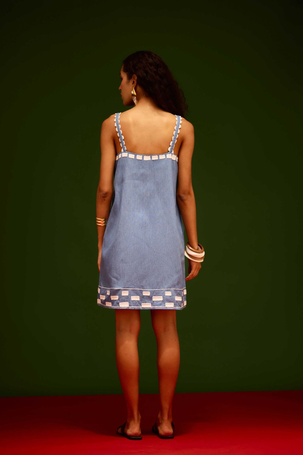 Denim Blue Strappy Cotton Shift Dress With Ivory Garden Thread Embroidery