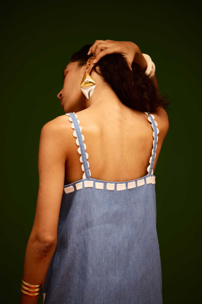 Denim Blue Strappy Cotton Shift Dress With Ivory Garden Thread Embroidery