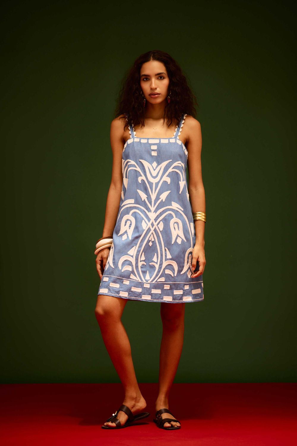 Denim Blue Strappy Cotton Shift Dress With Ivory Garden Thread Embroidery