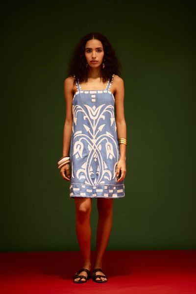 Denim Blue Strappy Cotton Shift Dress With Ivory Garden Thread Embroidery