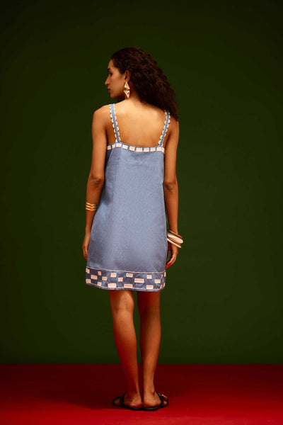 Denim Blue Strappy Cotton Shift Dress With Ivory Garden Thread Embroidery
