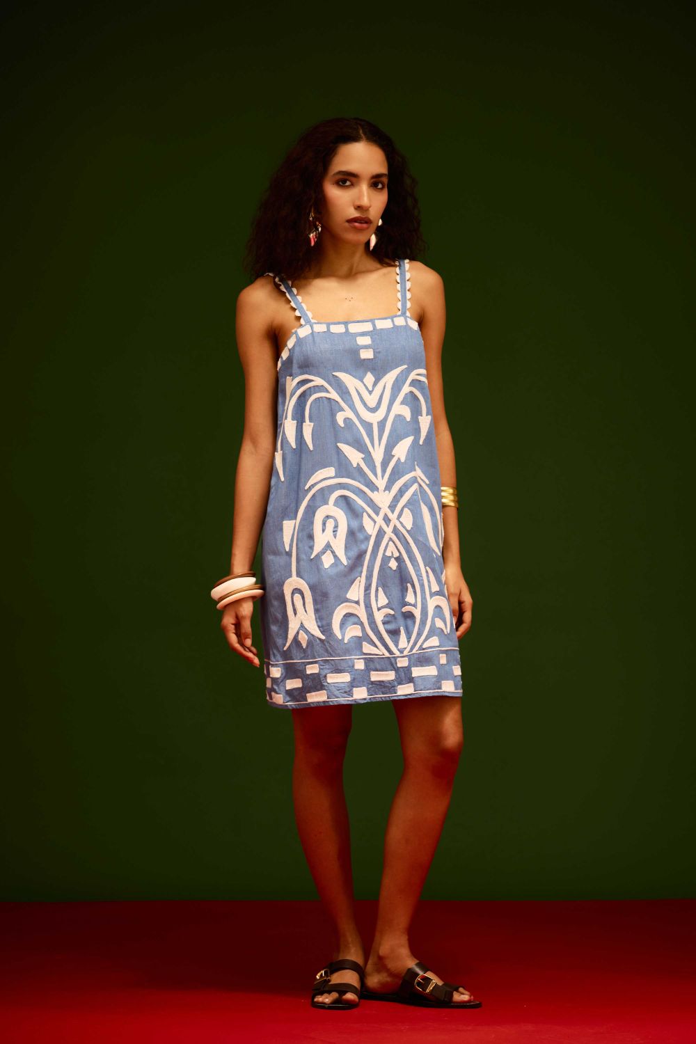 Denim Blue Strappy Cotton Shift Dress With Ivory Garden Thread Embroidery