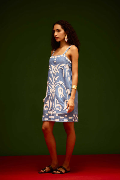 Denim Blue Strappy Cotton Shift Dress With Ivory Garden Thread Embroidery