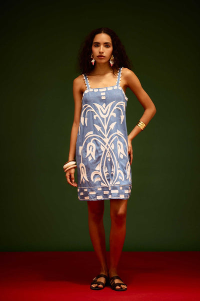 Denim Blue Strappy Cotton Shift Dress With Ivory Garden Thread Embroidery