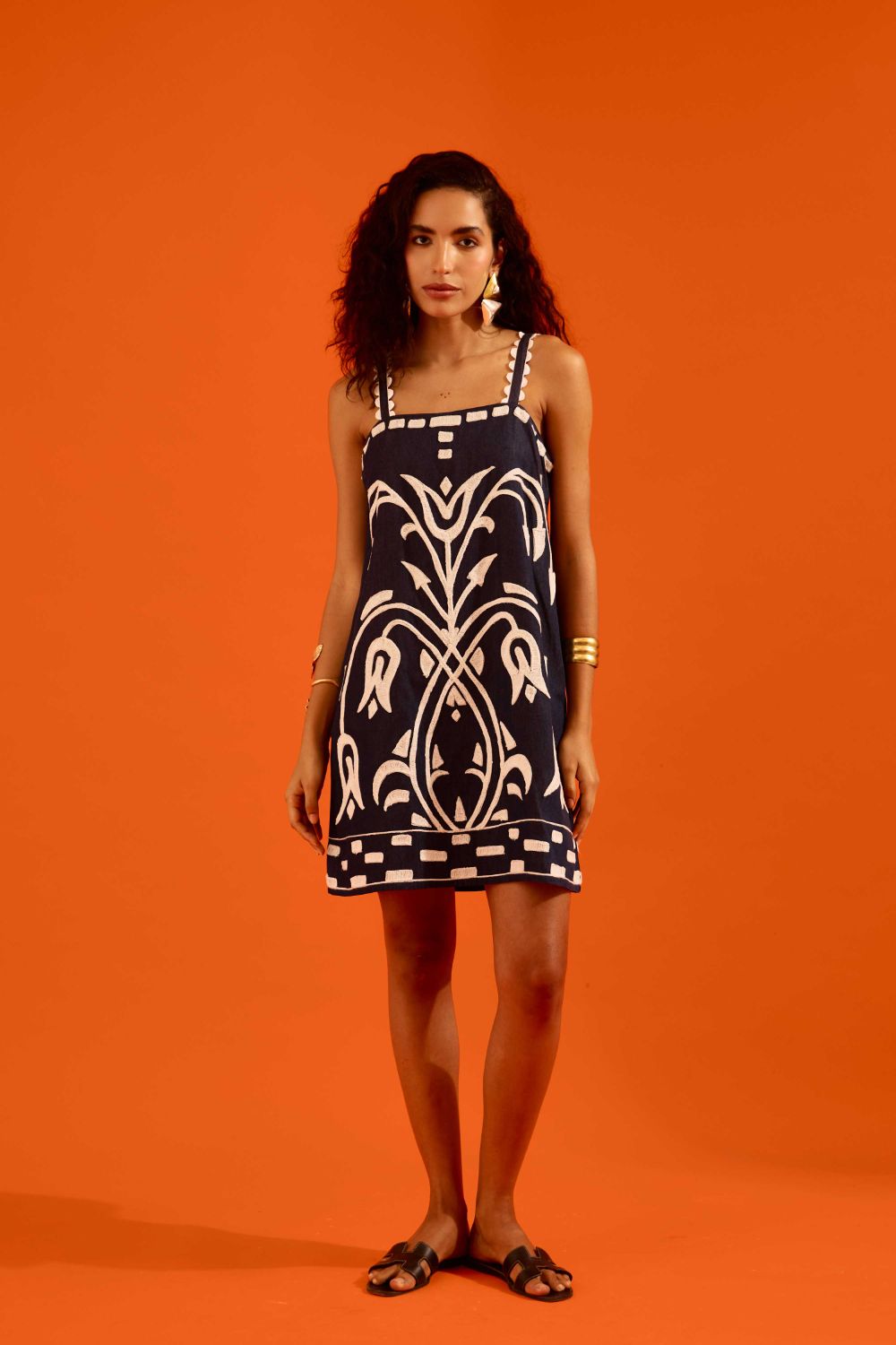 Midnight Blue Strappy Denim Shift Dress With Ivory Garden Thread Embroidery