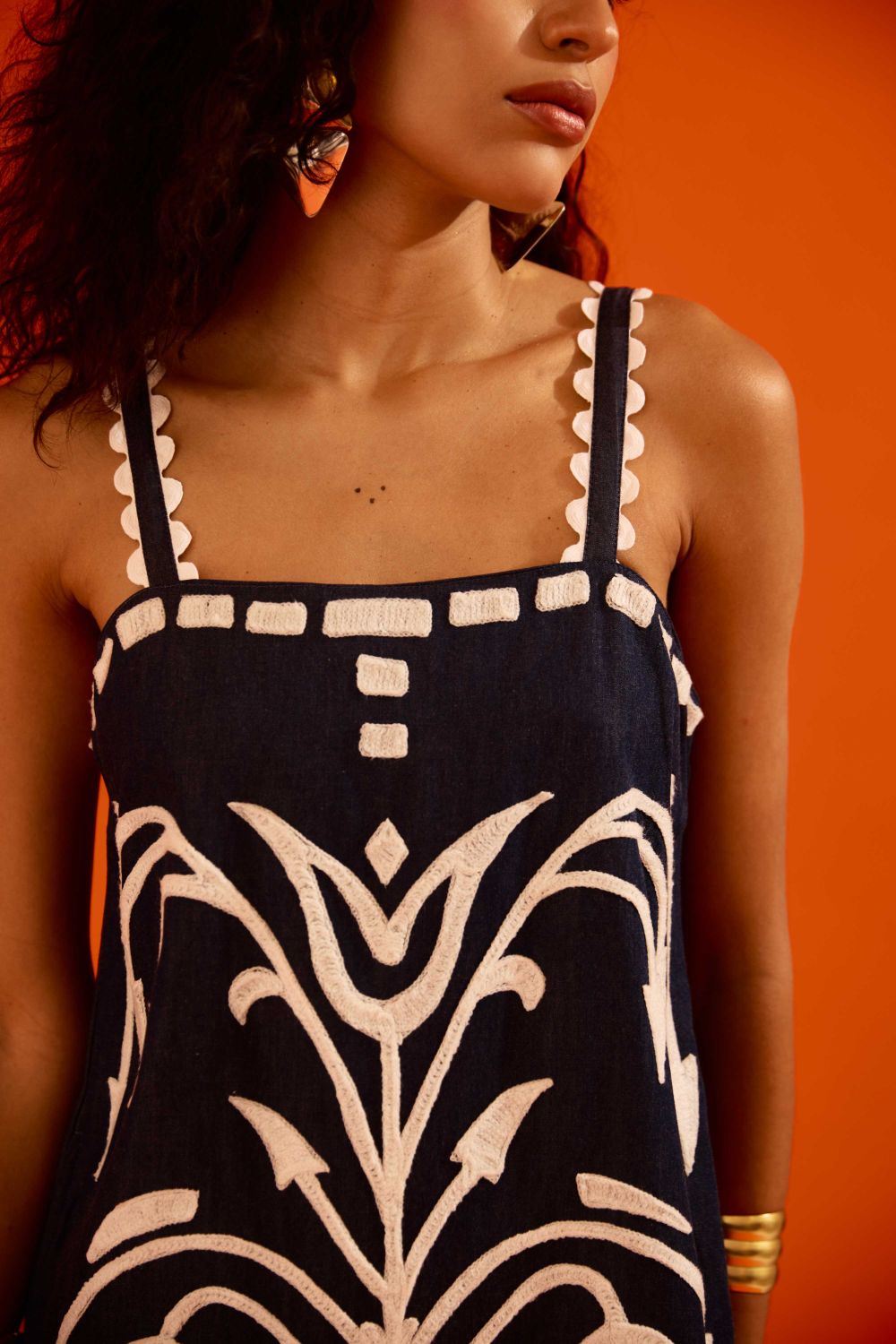 Midnight Blue Strappy Denim Shift Dress With Ivory Garden Thread Embroidery