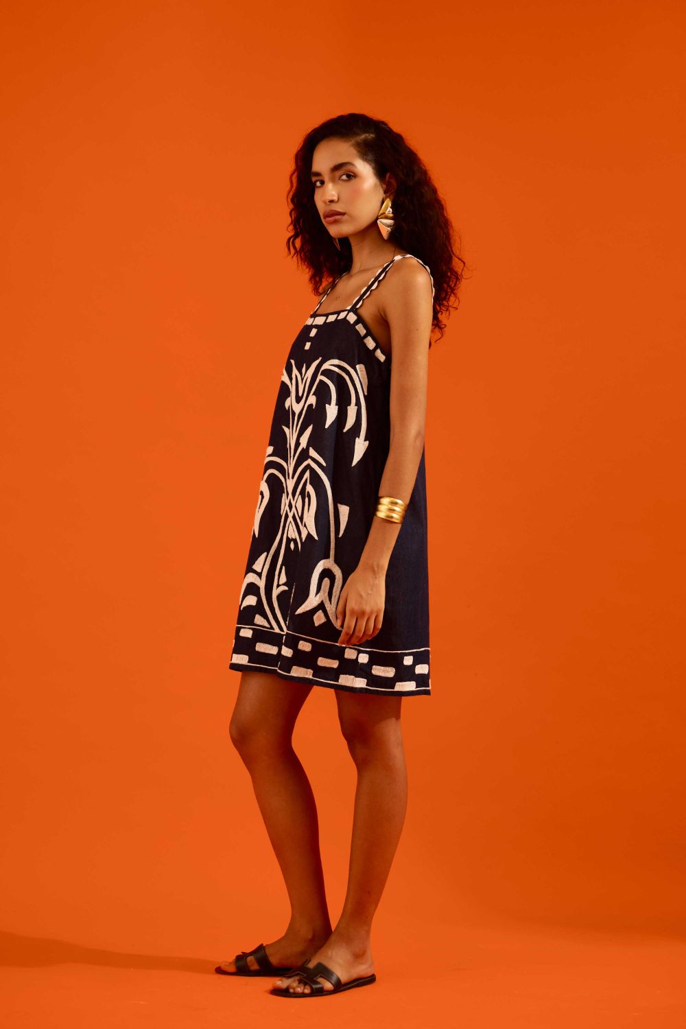 Midnight Blue Strappy Denim Shift Dress With Ivory Garden Thread Embroidery