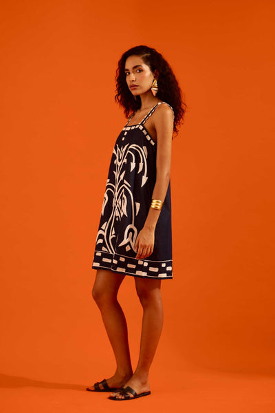Midnight Blue Strappy Denim Shift Dress With Ivory Garden Thread Embroidery