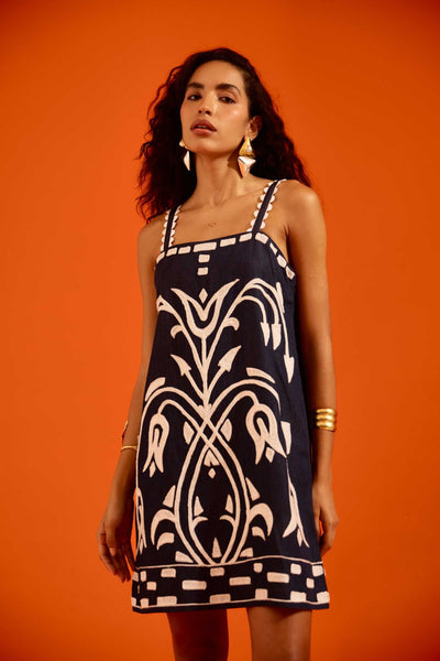 Midnight Blue Strappy Denim Shift Dress With Ivory Garden Thread Embroidery