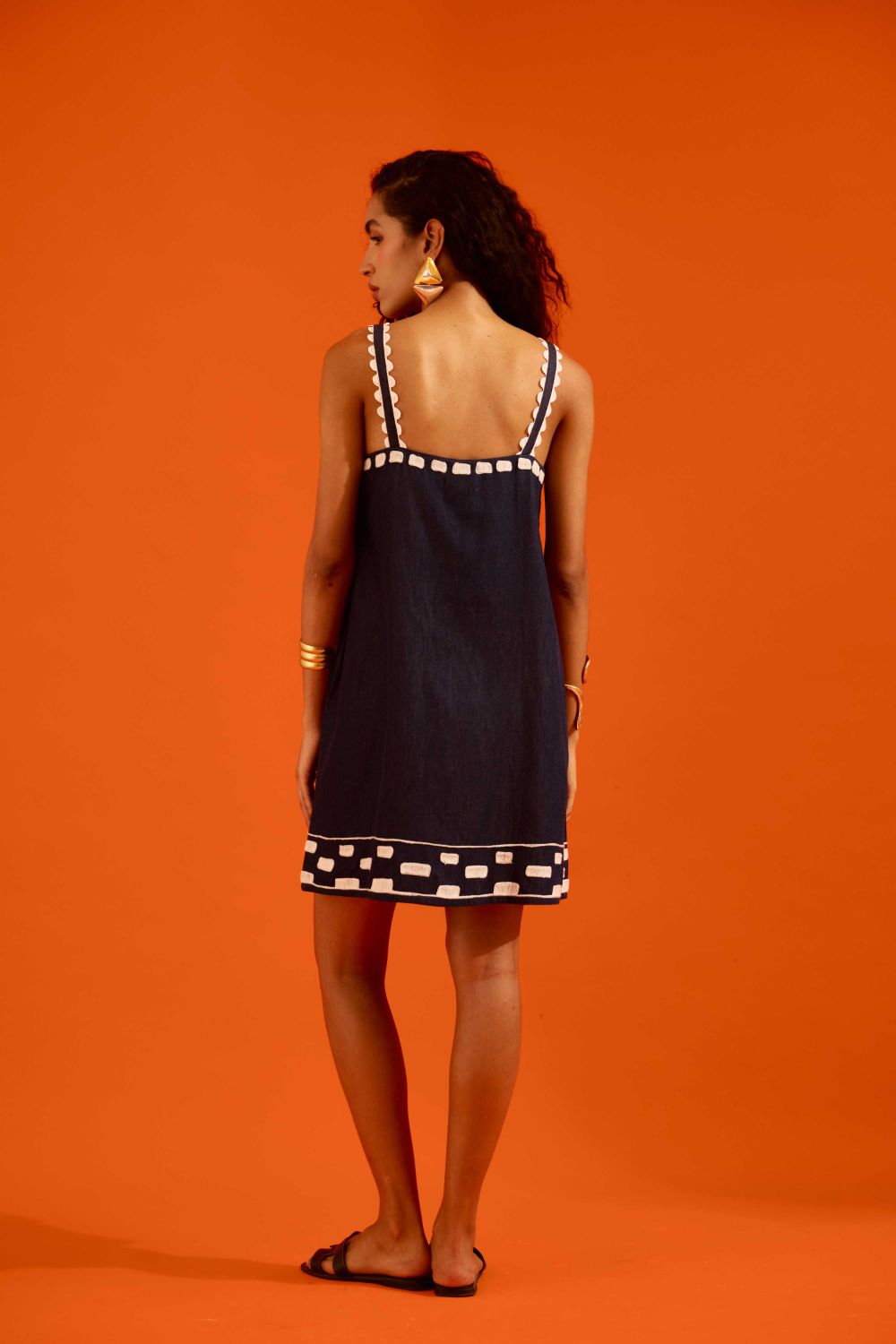 Midnight Blue Strappy Denim Shift Dress With Ivory Garden Thread Embroidery