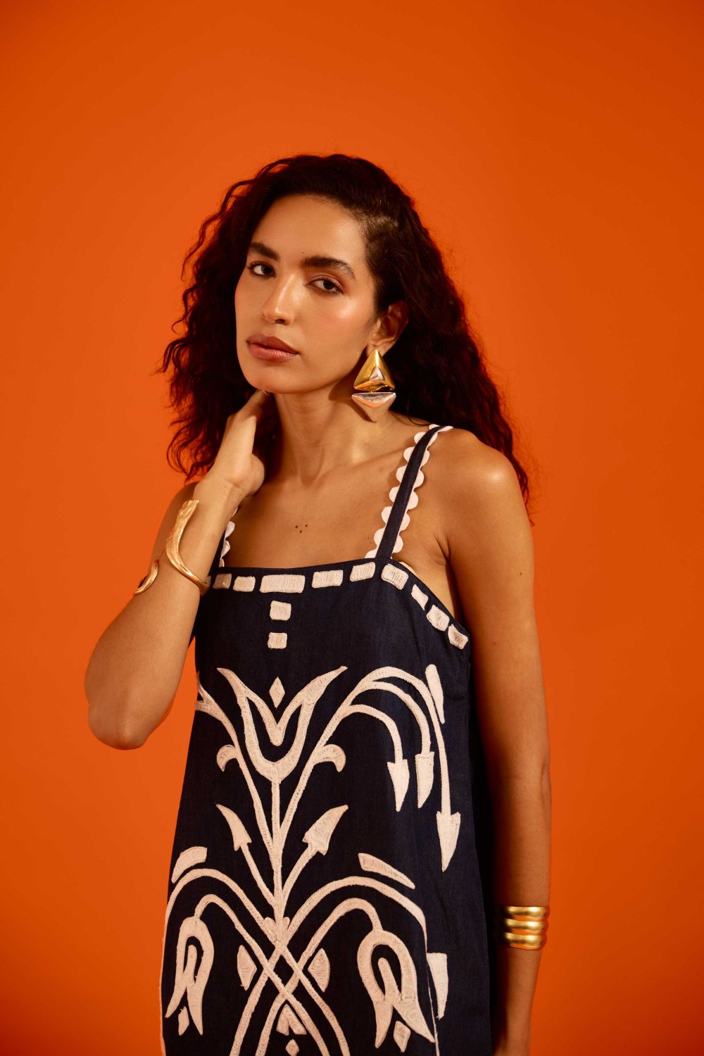 Midnight Blue Strappy Denim Shift Dress With Ivory Garden Thread Embroidery