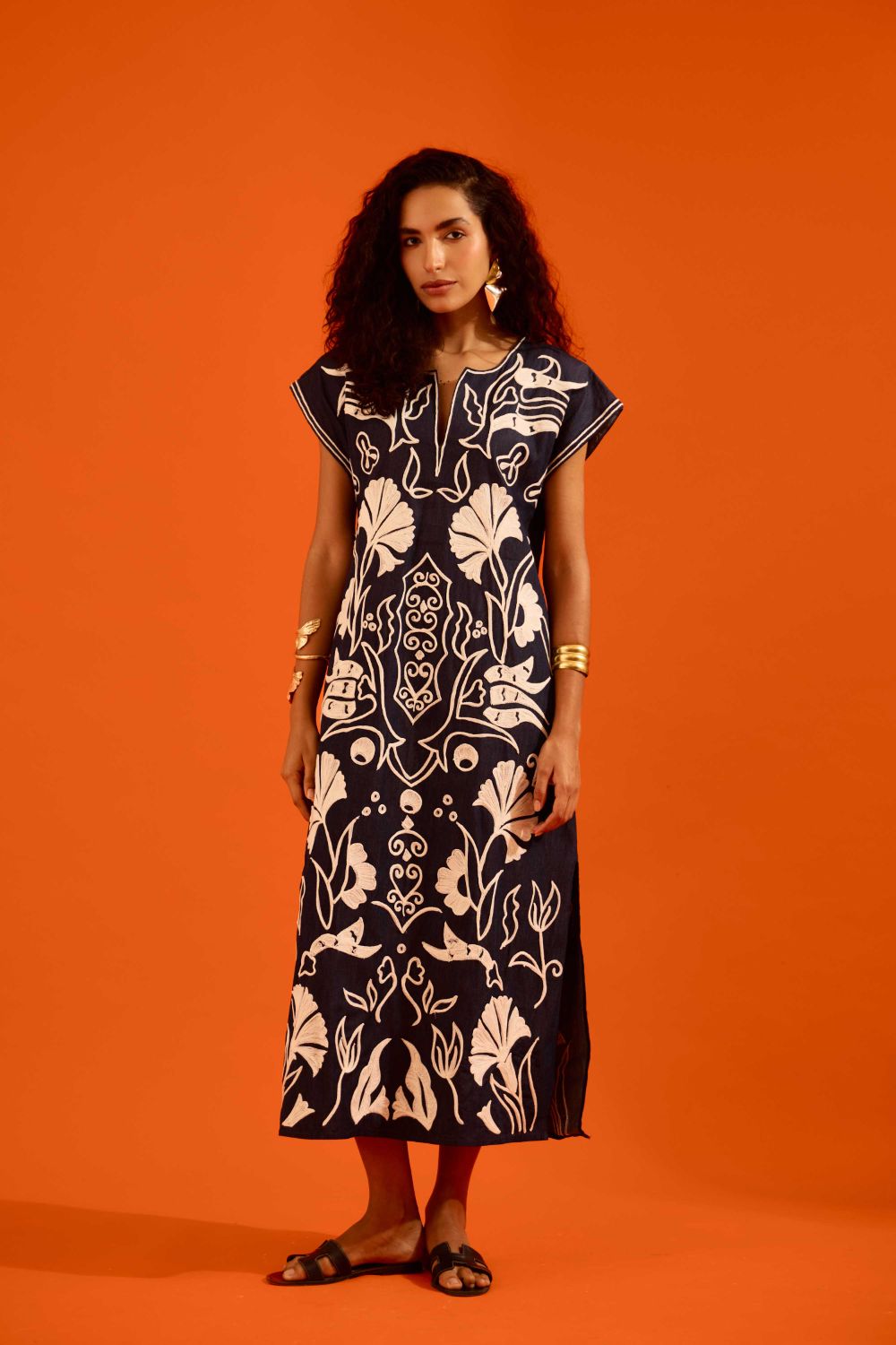 Blue Denim Maxi Dress With Ivory Garden Thread Embroidery